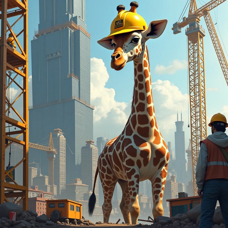 Anthropomorphic giraffe wearing a yellow hard hat stands on a busy city construction site