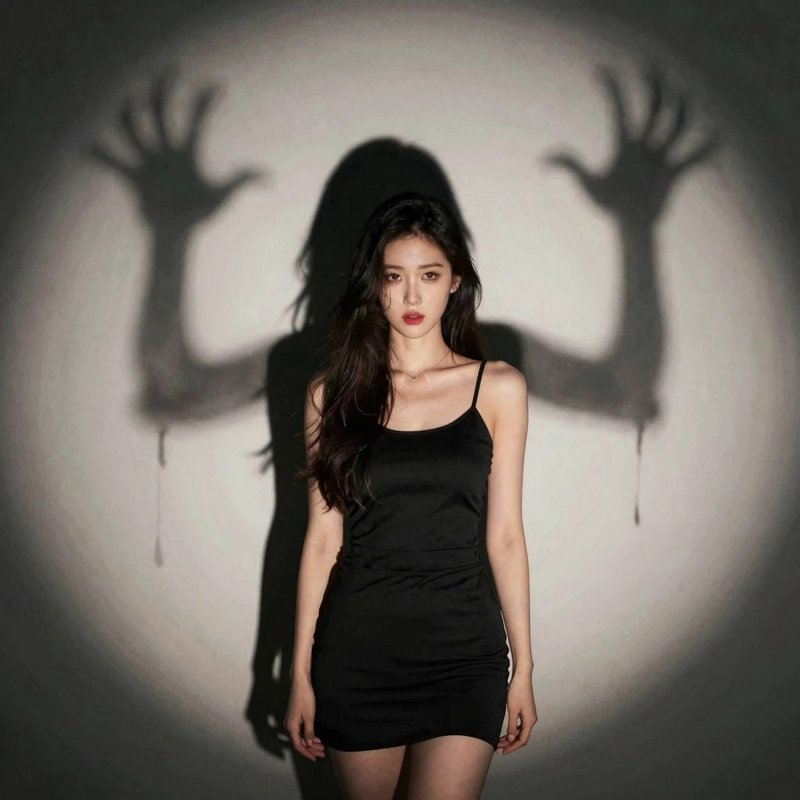 Young woman in a black slip dress stands in a spotlight as a spooky grasping shadow looms behind her