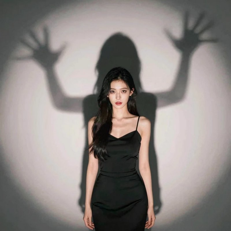 Young woman in a black satin dress stands before a stark shadow of raised outstretched hands on a lit wall