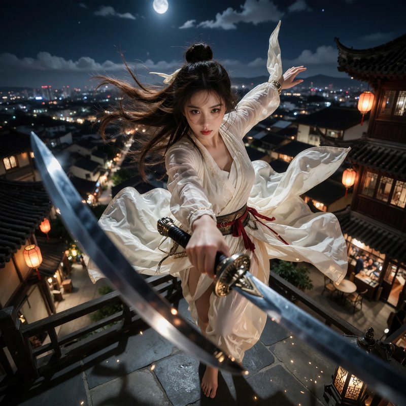 Young wuxia swordswoman wielding dual swords on a traditional rooftop under a glowing full moon