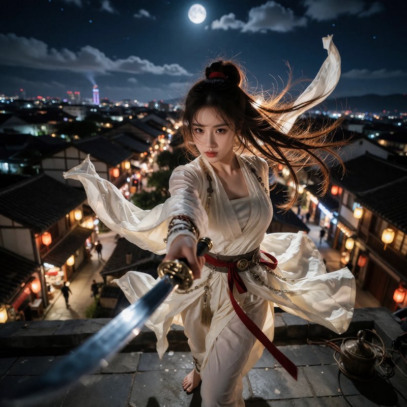 Young female wuxia warrior points a sword while standing on a historic town rooftop under a full moon
