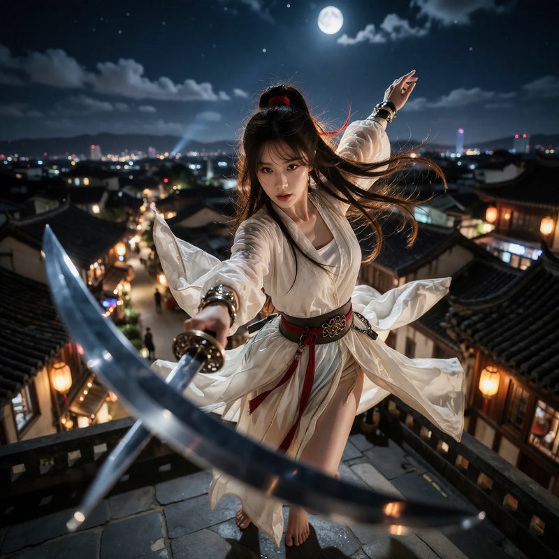 Wuxia female warrior holding crossed swords stands on a rooftop overlooking a lantern-lit historic town under a full moon