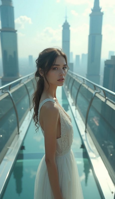Woman in a delicate white gown standing on a glass rooftop walkway overlooking tall city skyscrapers