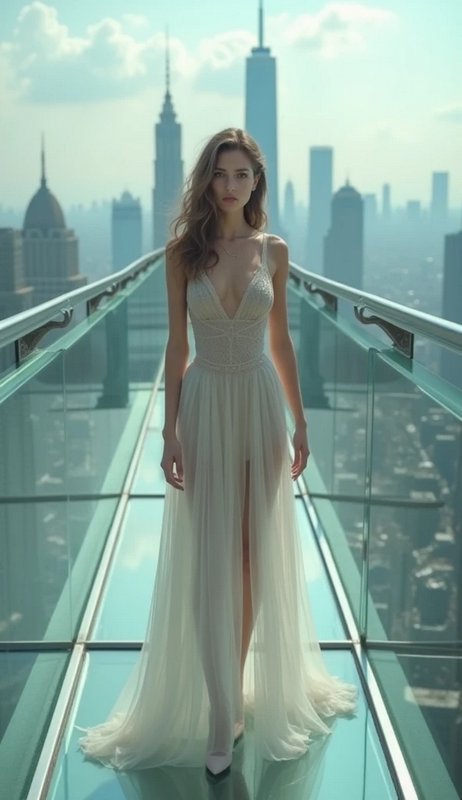 Elegant woman in a flowing ivory gown standing on a high glass skywalk above a city skyscraper skyline