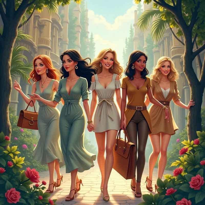 Five fashionable diverse women walk together along a sunlit cobblestone estate path lined with pink roses