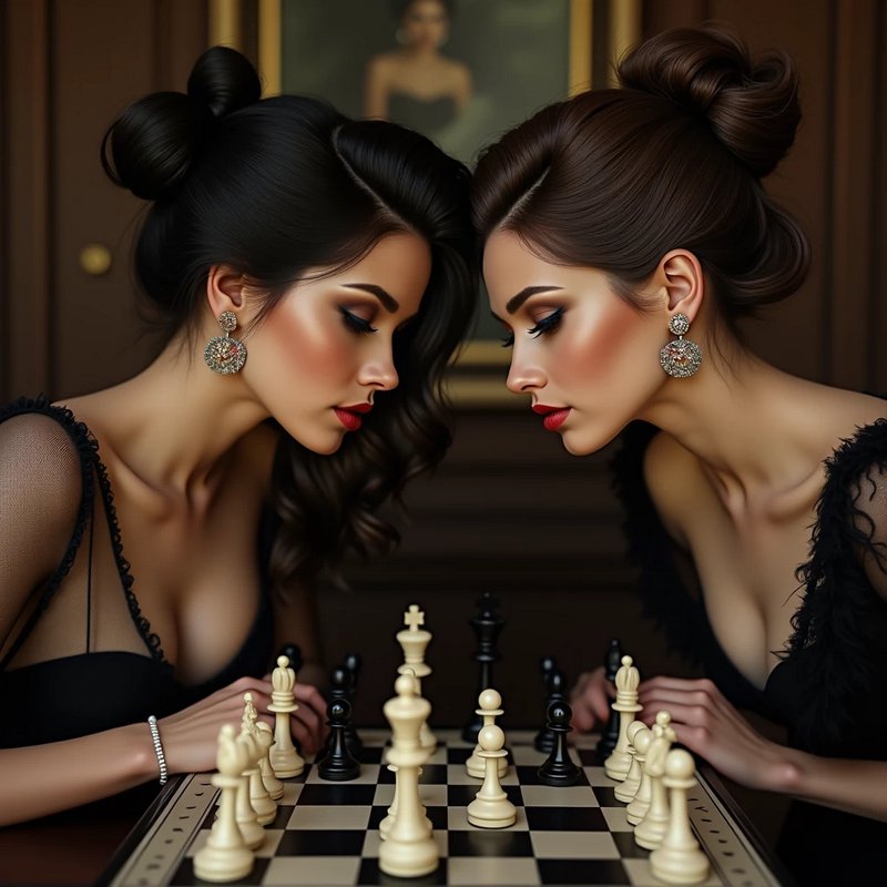 Two elegant glamorous women lean face to face across a chessboard during a competitive game