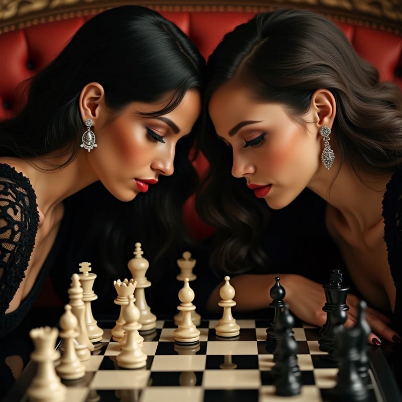 Two elegant women lean their heads together while considering their next move on a chess board