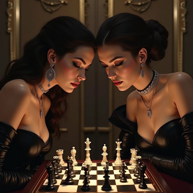 Two elegant formally dressed women lean head to head across a chessboard during a tense competitive match