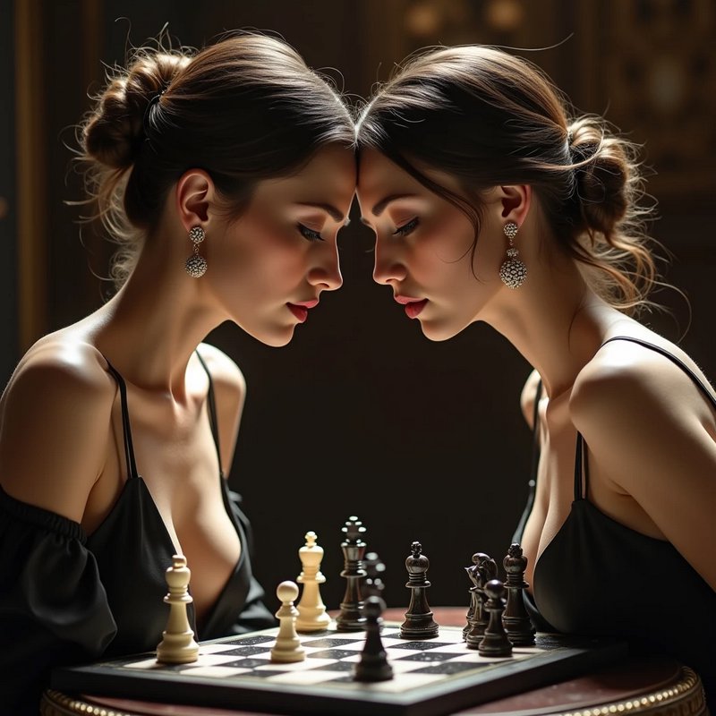Two women lean forehead-to-forehead facing each other across a chessboard in dramatic low light