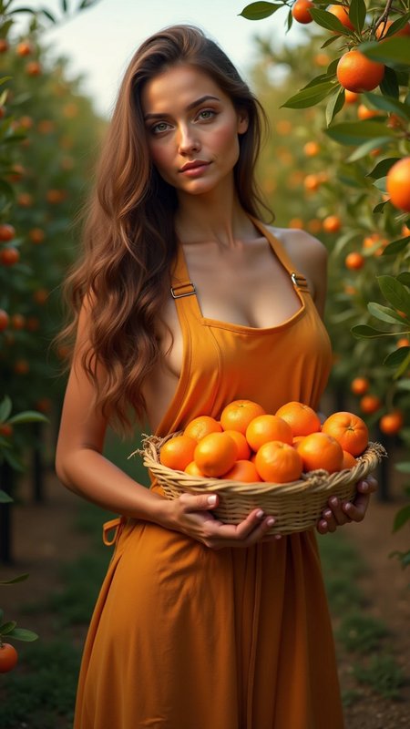 Woman in a warm orange dress holding a basket of fresh ripe oranges standing in a sunlit citrus orchard