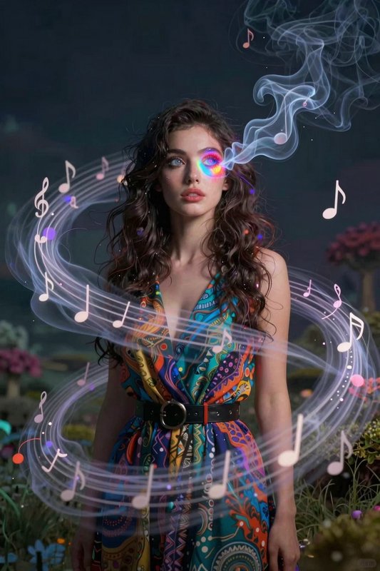 Woman with a glowing rainbow eye emits swirling musical note vapor in a twilight fantasy garden