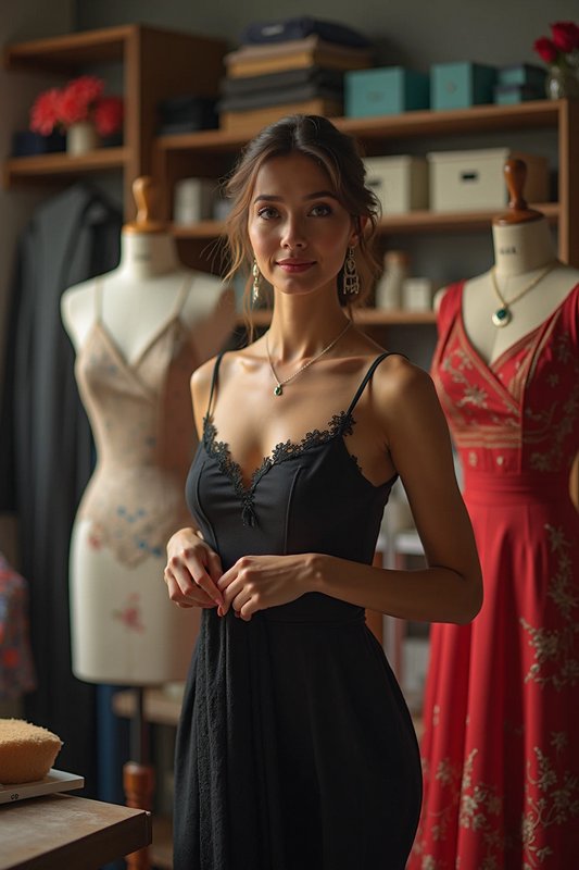 Elegant woman in a black lace slip dress standing between dress form mannequins in a fashion atelier