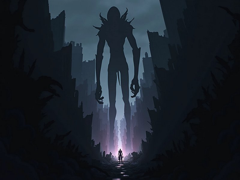 Towering spiked eldritch giant silhouette looms over a lone warrior in a ruined city ravine