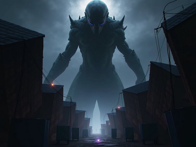 Towering spiked kaiju with glowing blue eyes looms over a foggy narrow residential street