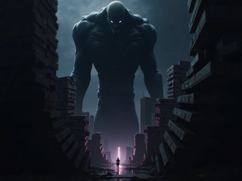 Towering dark humanoid giant with glowing eyes looms over a lone person in a ruined post-apocalyptic city