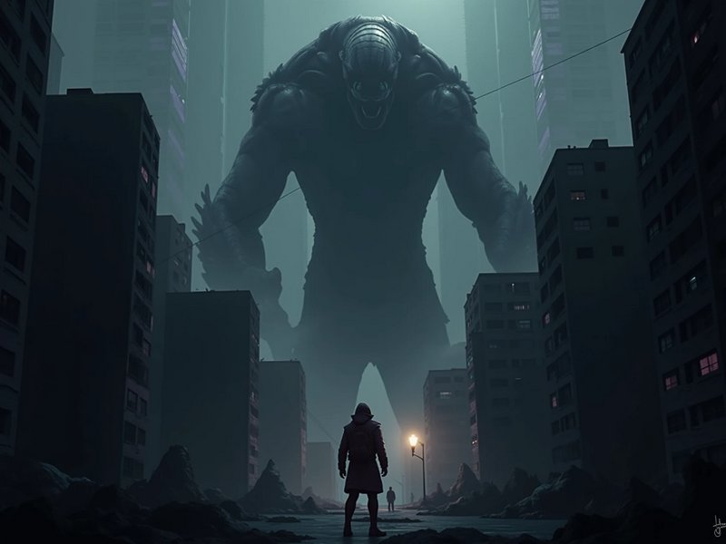 Lone hooded figure faces a colossal giant monster looming over a foggy ruined city street