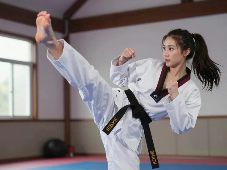 Female taekwondo black belt executing a high kick in an indoor martial arts dojo