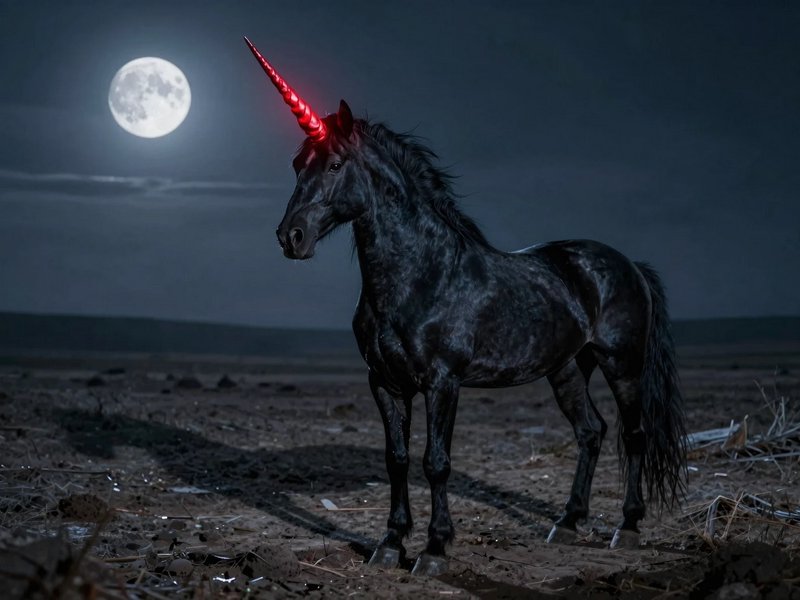 Black unicorn with glowing red horn standing in barren field beneath a bright full moon