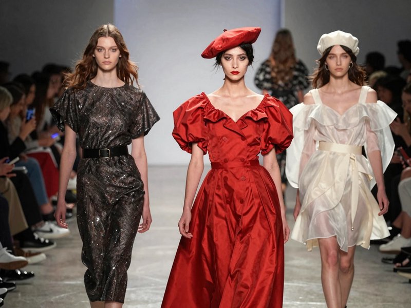 Three models walk side by side down a fashion runway showcasing retro-inspired dresses and berets