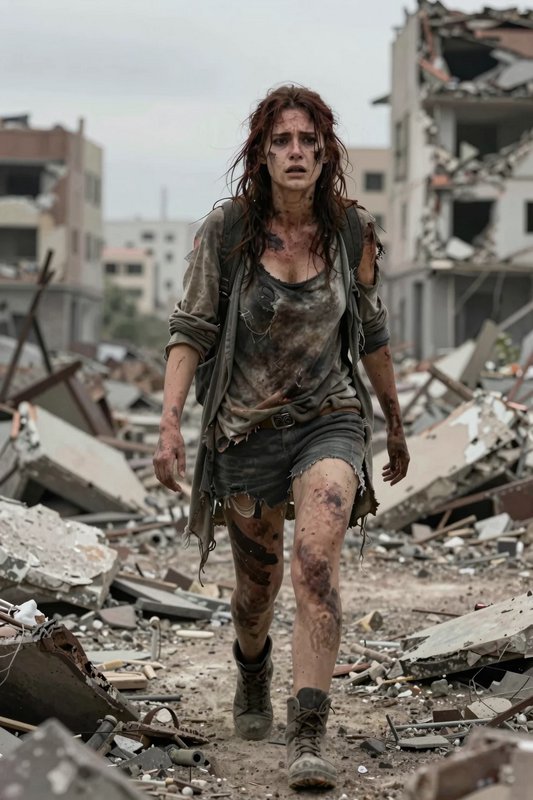 Weary injured female survivor walks through rubble of a destroyed urban disaster zone on an overcast day
