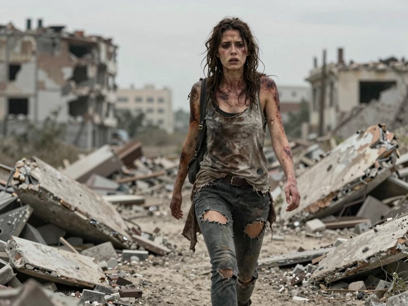Battered injured survivor walks through rubble of a war-torn destroyed city