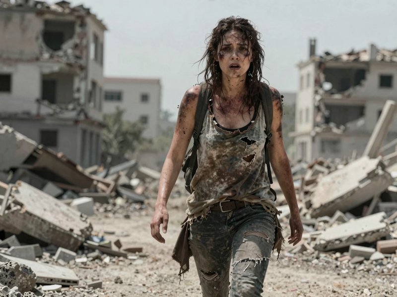 Bruised bloodied female survivor walks through rubble of a war-torn destroyed city