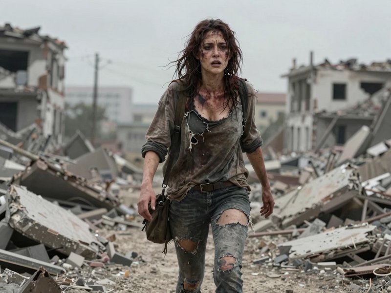 Injured disheveled female survivor walks through rubble of a destroyed disaster-struck city neighborhood