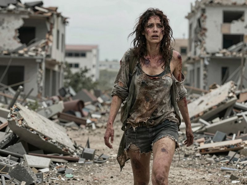 Bruised disheveled female survivor walks through rubble of a destroyed urban neighborhood