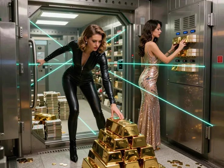 Two women navigate green laser security to retrieve gold bars from a high security bank vault