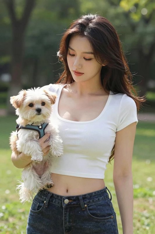Young woman holding a small fluffy Maltese dog while standing in a sunlit green park