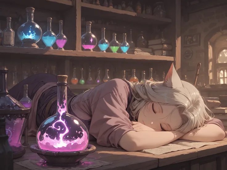 Tired cat-eared alchemist napping on a workbench next to colorful glowing potion flasks