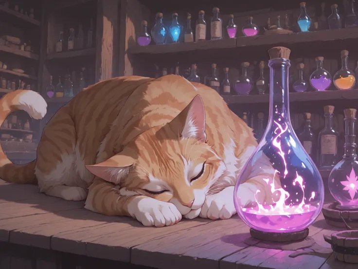 Fluffy orange tabby cat napping on an apothecary table next to glowing magical potion bottles