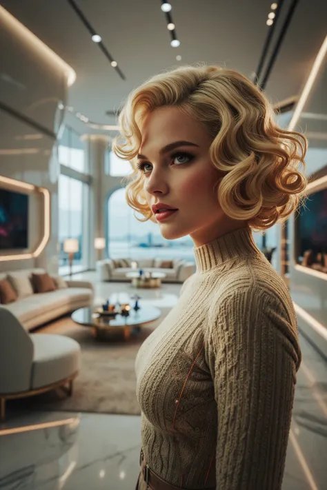 Elegant woman with vintage curled blonde hair looks over her shoulder in a luxury modern penthouse