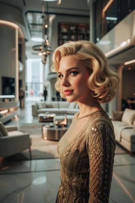 Glamorous blonde woman in a gold gown stands in a sunlit luxury modern penthouse interior
