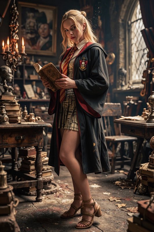 Blonde witch in a wizard robe holds an old spellbook while standing in a magical vintage study