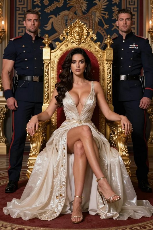 Regal queen seated on an ornate gilded throne flanked by two uniformed royal guards