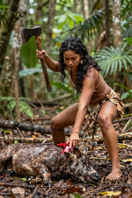 Indigenous woman hunter holds a raised axe over hunted game on tropical rainforest floor