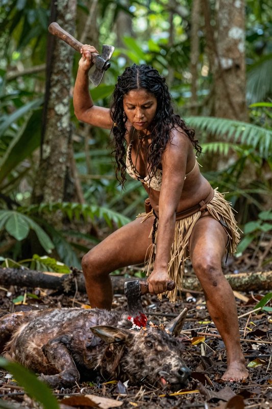 Tribal indigenous woman uses two axes to process hunted game on a tropical rainforest floor
