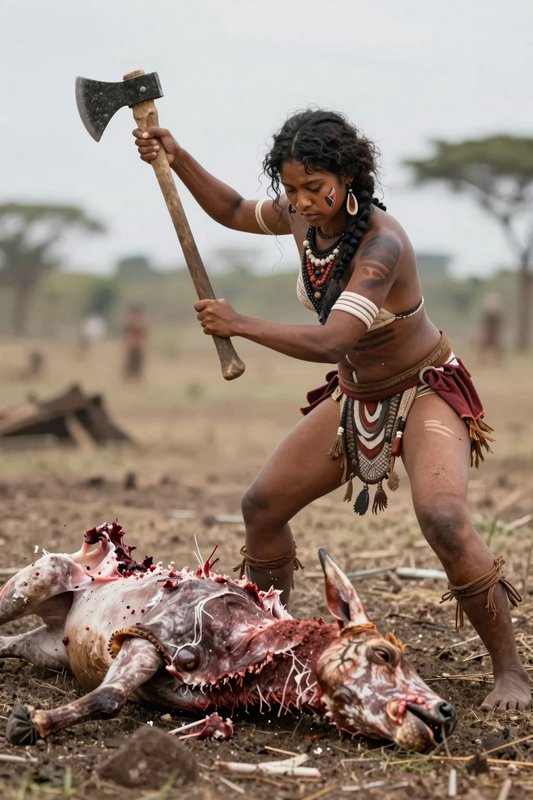 Indigenous woman in traditional attire holds a raised axe over a partially butchered savanna animal