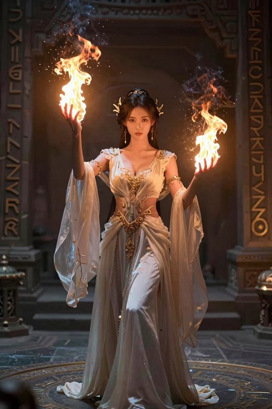 Ethereal fantasy fire priestess holds floating magical flames while standing in an ancient rune-carved temple
