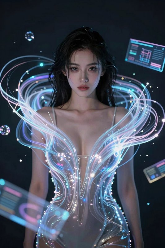 Futuristic woman wearing a glowing iridescent light dress surrounded by floating hologram interfaces