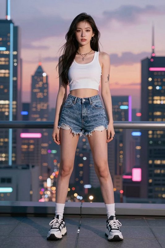 Young woman in casual streetwear stands on a rooftop overlooking a neon lit city skyline at sunset