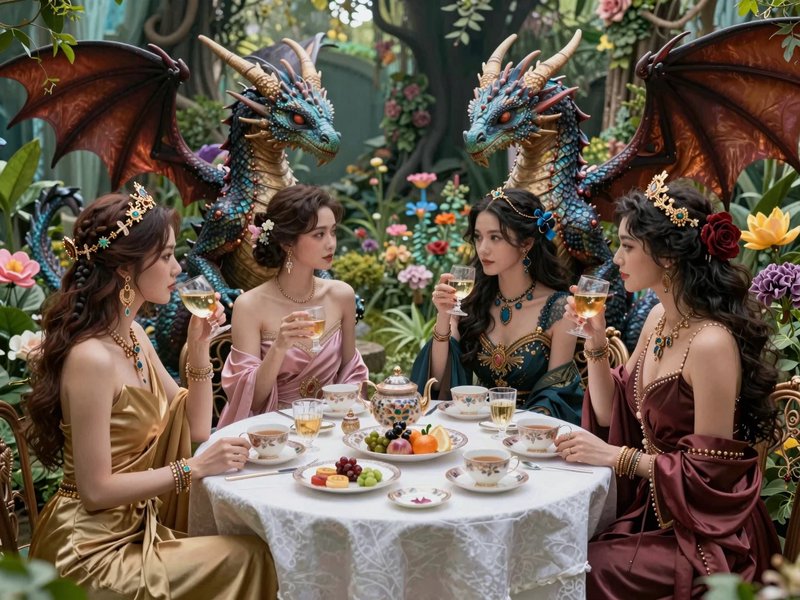Four elegantly dressed noblewomen hold a tea party flanked by fantasy dragons in an enchanted garden