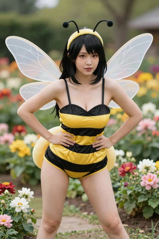 Young woman in a bumblebee costume stands with hands on hips in a sunny blooming flower garden