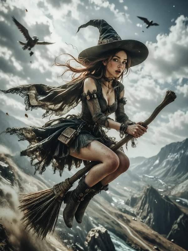 Young witch wearing a pointed hat flies on a wooden broomstick above a rocky mountain valley with circling crows