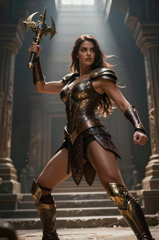 Female fantasy warrior in gilded leather armor holds an ornate battle axe in an ancient stone temple