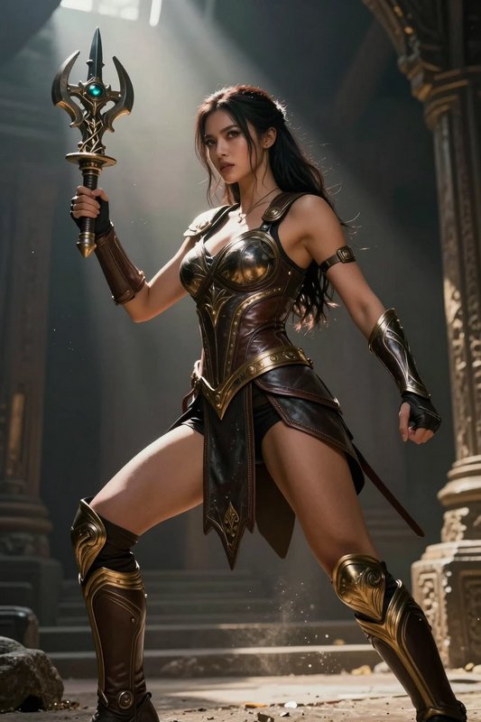 Female fantasy warrior in gilded leather armor holds an ornate magical staff in a sunlit ancient temple