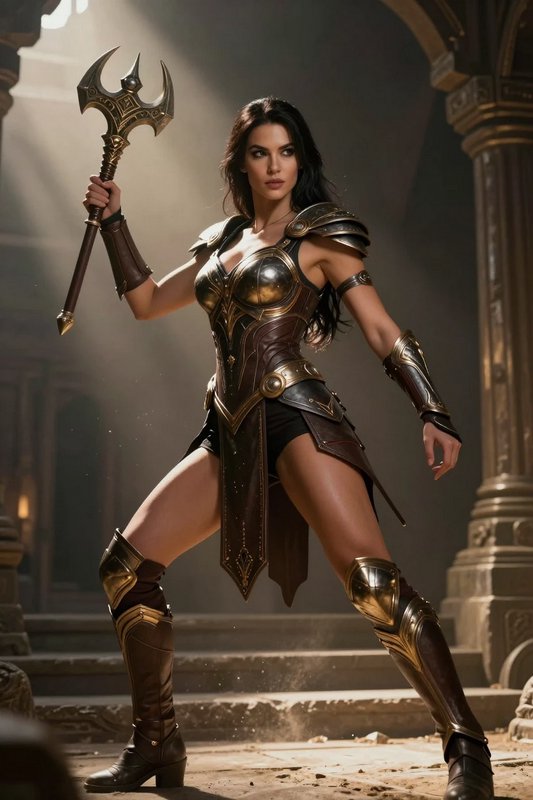 Female fantasy warrior stands ready holding an ornate battle axe in a sunlit ancient stone temple hall