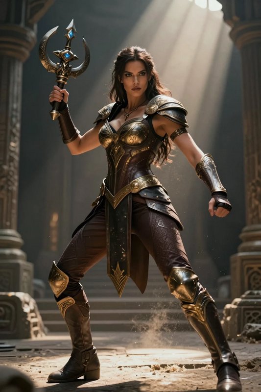 Fierce female fantasy warrior in ornate armor holds a magical mace in a sunlit ancient temple