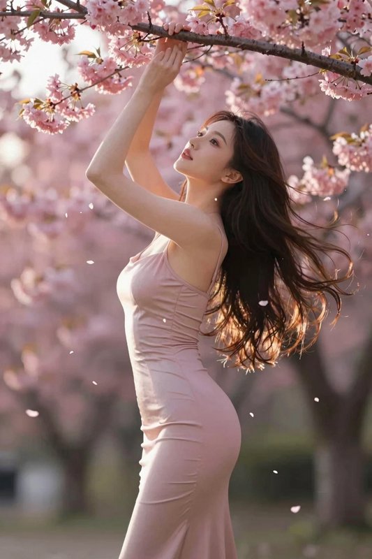 Elegant woman in a pink dress reaches for a cherry blossom branch as soft petals fall around her